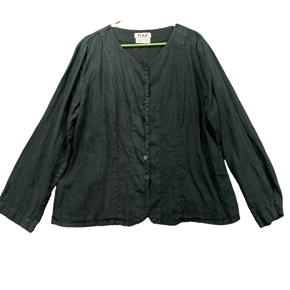 Flax Linen Shirt Womens Large Black Button Up Minimalist Lagenlook Coastal